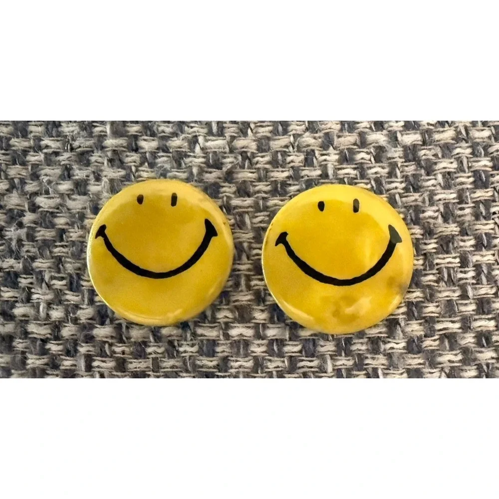 Lot of 2 Vintage Yellow Smiley Face Pins Real Metal Rusty on Back